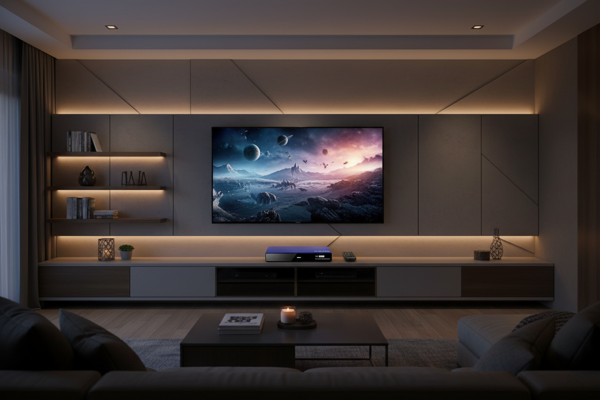 vSeeBox V6 Plus Android TV Box in modern living room lifestyle setting