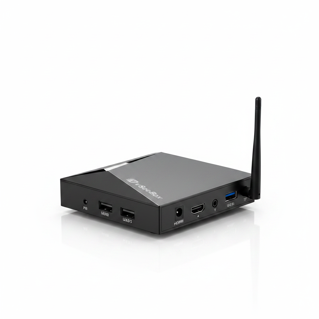 vSeeBox V6 Pro Android TV Box rear angle view on white background