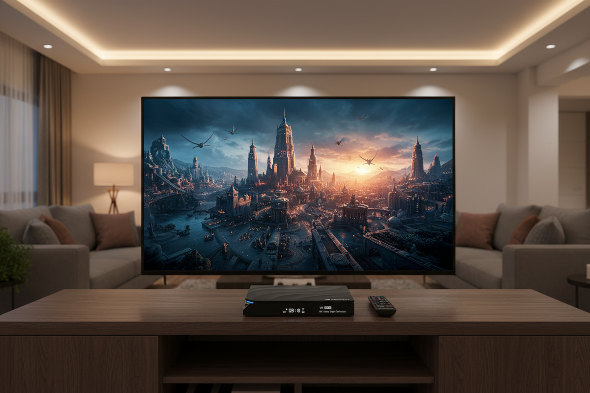 vSeeBox V6 Max Android TV Box in modern living room lifestyle setting