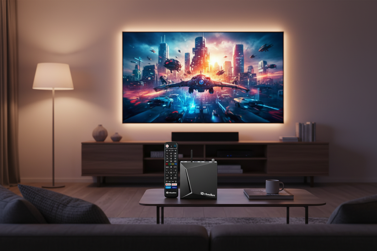 vSeeBox V6 Pro Android TV Box in modern living room lifestyle setting