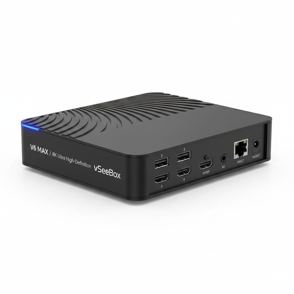 vSeeBox V6 Max Android TV Box rear angle view on white background